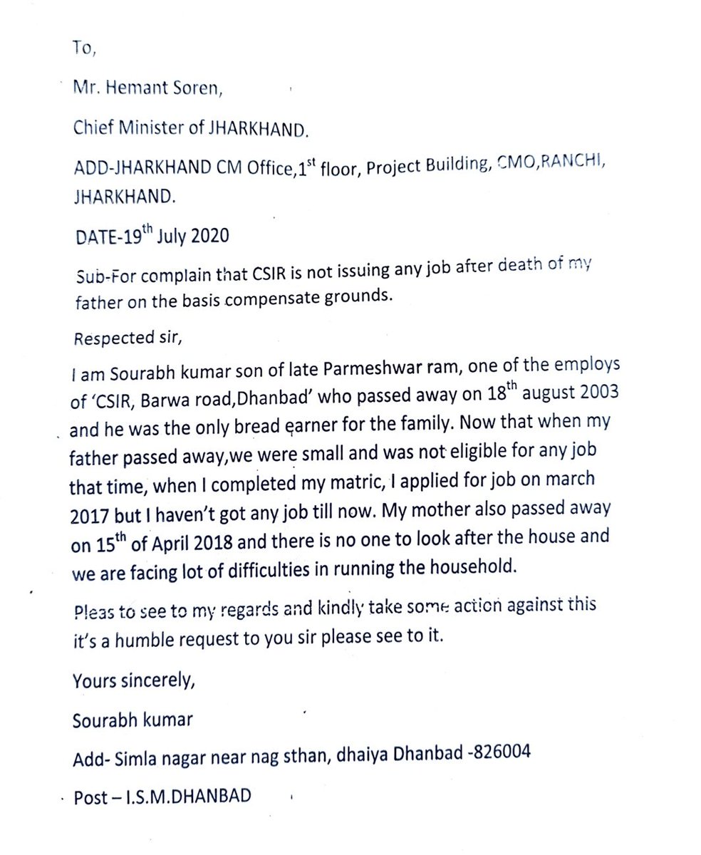 Sourabh09521695's tweet photo. @HemantSorenJMM @dc_dhanbad @JharkhandCMO @CSIR_IND For the complaint that CSIR is not issuing any job after the death of my father on the basis of compensate grounds .I am literally depressed and facing financial crisis.please look at this matter and take some strict actions. https://t.co/6w69syA1sk