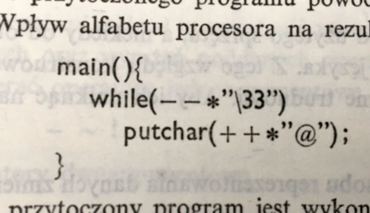 Sosowski's tweet image. I found it! The book of ugliest C! It's a 1987 book teaching you how to stretch the standard to write the ugliest possible C code. The book is in Polish, but check out these code examples!