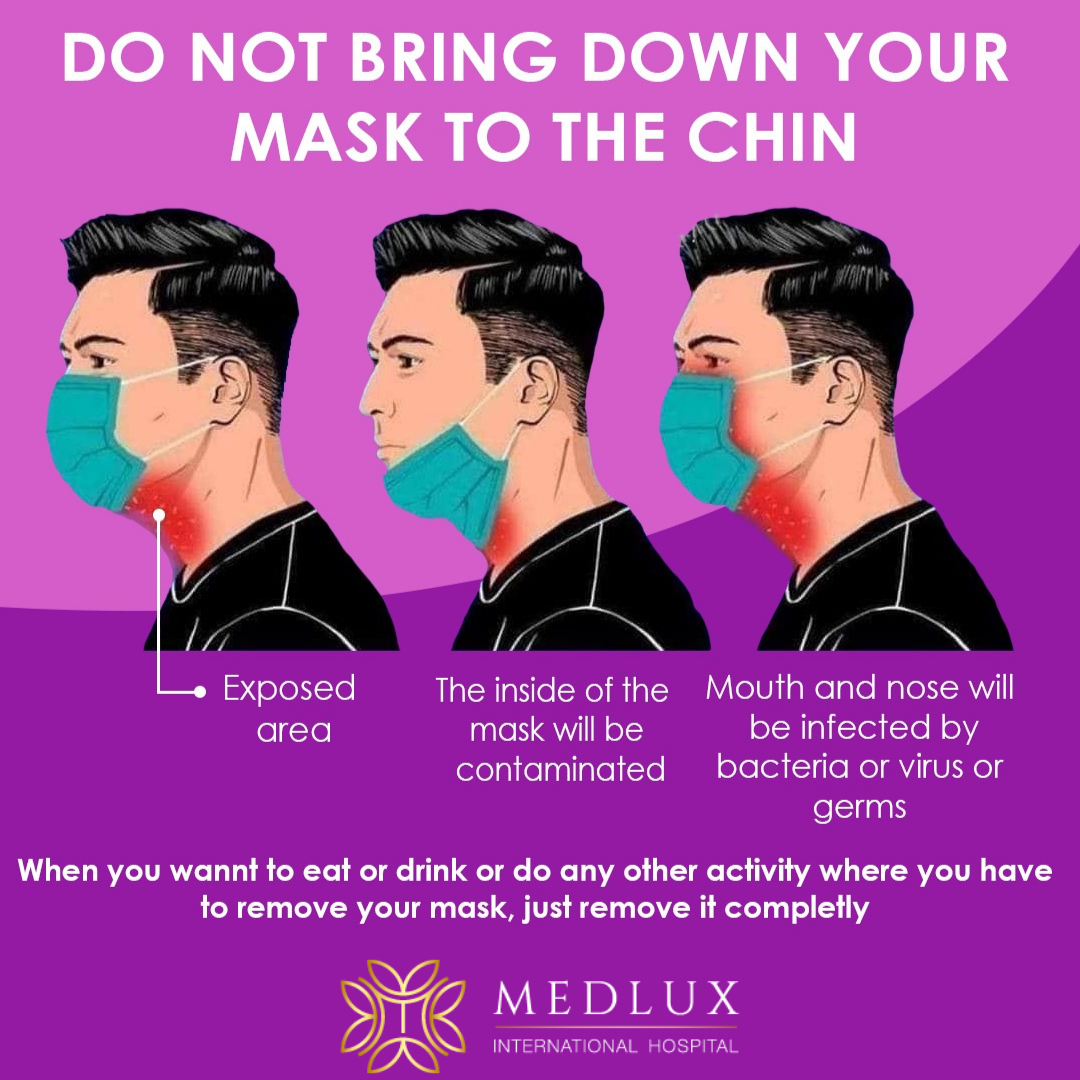 MedluxHospital's tweet photo. Pulling your mask to your chin and then wearing it again will only carry the germs or virus from your chin/neck area and potentially infect your mouth and nose. #COVID19 #Masks https://t.co/lUzNSs6bdK