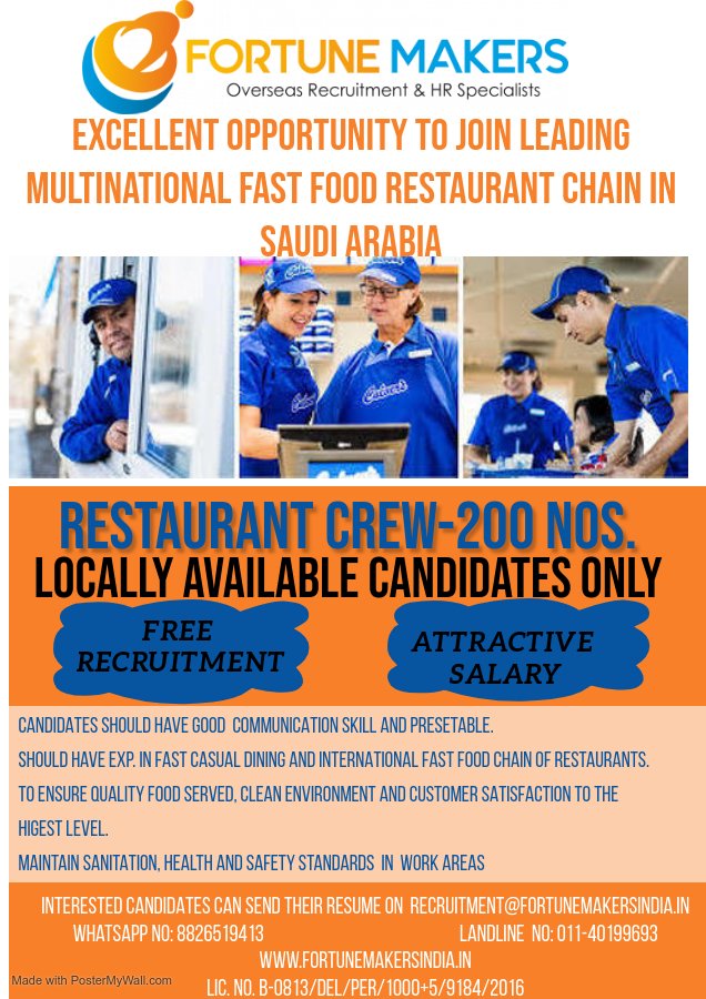 fortune_makers's tweet photo. Check out this job from 
@fortune_makers

https://t.co/TSAMfaCf5T

Interested may please register https://t.co/w5RScBHbdY

#restaurantcrew #fastfoodchain #fortunemakers  #transferable_iqama #Expatsinsaudi #KSA #recruiting #HIRINGNOW #restaurantstaff https://t.co/dTlDkgqrkl