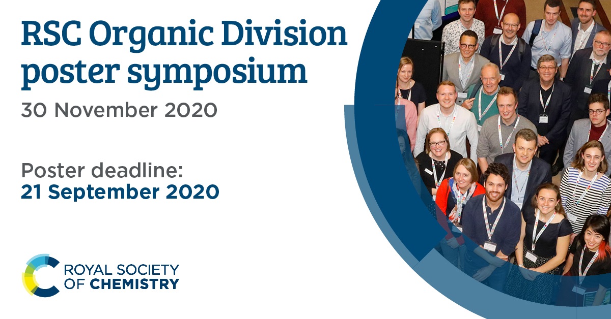 RoySocChem's tweet photo. RSC Organic Division poster symposium is going online 💻
The competition is open to final year PhD students based in the UK & Ireland, working on any area related to organic chemistry.
Submit your poster ➡️ https://t.co/5DIMcF6SV5 #OrganicChemistry #PosterAbstract https://t.co/hsr5QuAV7K