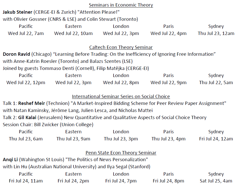 econD47's tweet photo. While @AcmSIGecom's #AcmEC20 is over, there are still plenty of seminars going on this week: Jakub Steiner in Economic Theory Seminars, @doronravid in @CaltechEconThry, Reshef Meir and @GilKalai in Social Choice Seminar, and Anqi Li in @PennTheoN. #EconTwitter https://t.co/QAE41YAinc