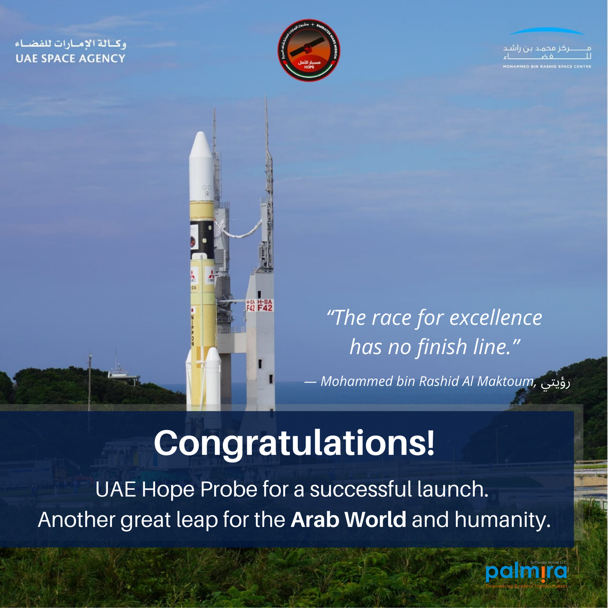 PalmiraSoftware's tweet photo. Congratulations to UAE for a successful launch of #hopeprobe to #Mars as it makes history for the #FirstArabicCountdown ๐ https://t.co/1ooGJBKrQC