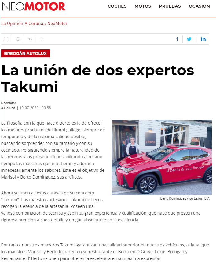 LexusBreogan's tweet photo. @laopinioncoruna y @Farodevigo
se han hecho eco este domingo, de la unión de dos maestros #Takumi como Lexus Breogán y Restaurante d`Berto.
https://t.co/GMptsUq9Bx
https://t.co/y26FZDW5Ca
#lexusbreogan #restaurantedberto #lexusux #lexus #laopinion #farodevigo #lexusgalicia https://t.co/EYq7uNDm6S