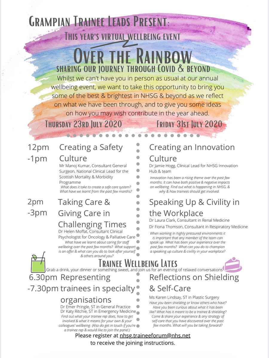 3️⃣days to go👏🏻👏🏻👏🏻

We can’t wait to see you at our virtual wellbeing event this year

Over the Rainbow 🌈
Sharing our journeys through COVID &amp; beyond

We thought you might like to see our full programme👇

Sign up at our email address below

Tell your friends &amp; colleagues!