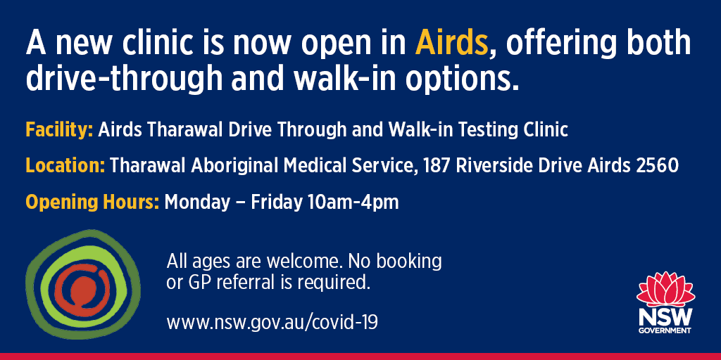 NSWHealth's tweet photo. A new clinic is now open in Airds, offering both drive-through and walk-in options.

The clinic is located at Tharawal Aboriginal Medical Service, 187 Riverside Drive, Airds, 2560.
Open 10am to 4pm

All ages are welcome. No booking or GP referral is required. https://t.co/ZBSUaGtwxT