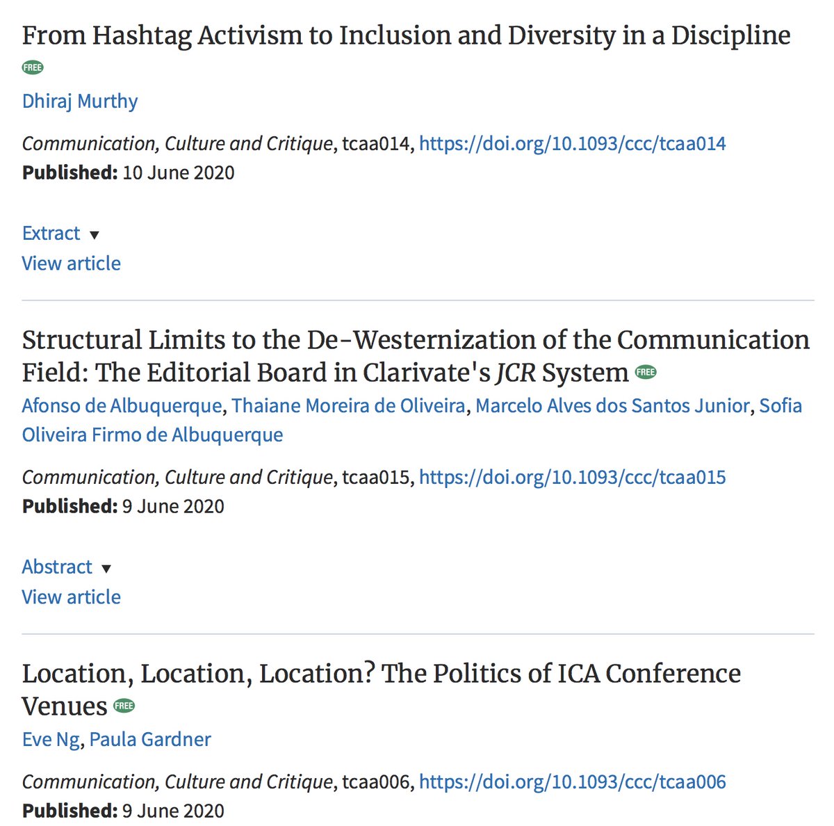 claesdevreese's tweet photo. 📢Recommended summer reading: 

The @icahdq journal Communication, Culture &amp; Critique (Eds @sbanetweiser, @ProfOuellette) with a really impressive, timely, and insightful collection:

https://t.co/lG8HOFBrYo 

#openaccess

[1/2] https://t.co/u5SZmm34Pa