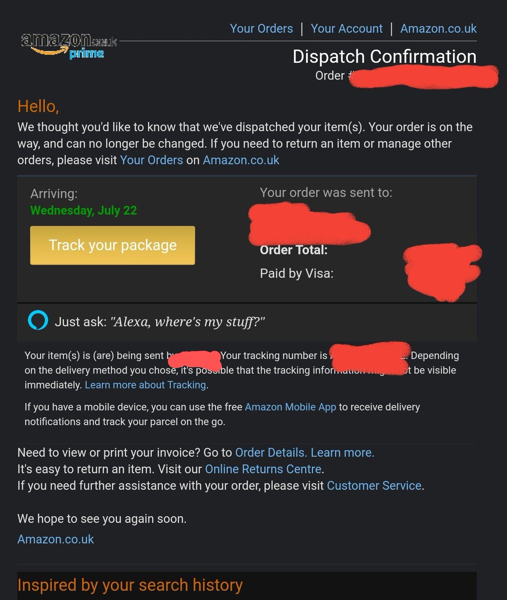 wombll's tweet photo. @amazon it would be nice if your emails gave a summary of what is being dispatched, you give me useless info like payment type and amount, and recent browsing history but not what is shipped? https://t.co/75uRZC29or
