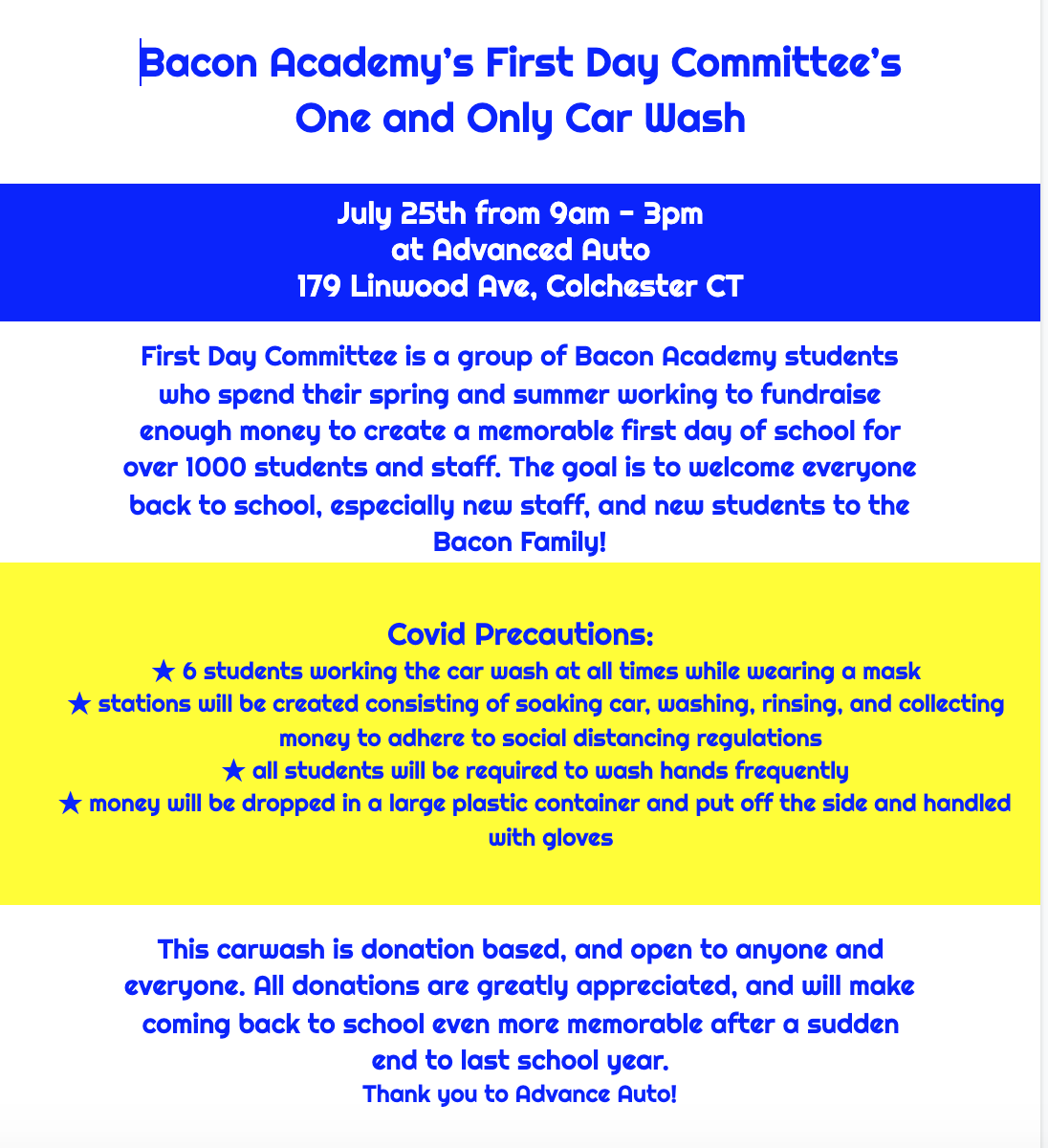 Mal_Bacon's tweet photo. First Day Car Wash at Advanced Auto from 9-3 this coming Saturday, 7/25! We would love your support. @BAFIRSTDAY @BA_Peel @COLschools https://t.co/FKHtM1tieC