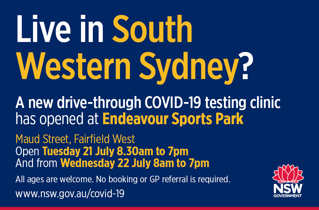 NSWHealth's tweet photo. Live in South Western Sydney?

A new drive-through COVID-19 testing clinic has opened at
Endeavour Sports Park 
Maud Street, Fairfield West
Open Tuesday 21 July 
8.30am to 7pm 
And from Wednesday 22 July 
8am to 7pm

All ages are welcome. No booking or GP referral is required. https://t.co/mdxj8JA8iR