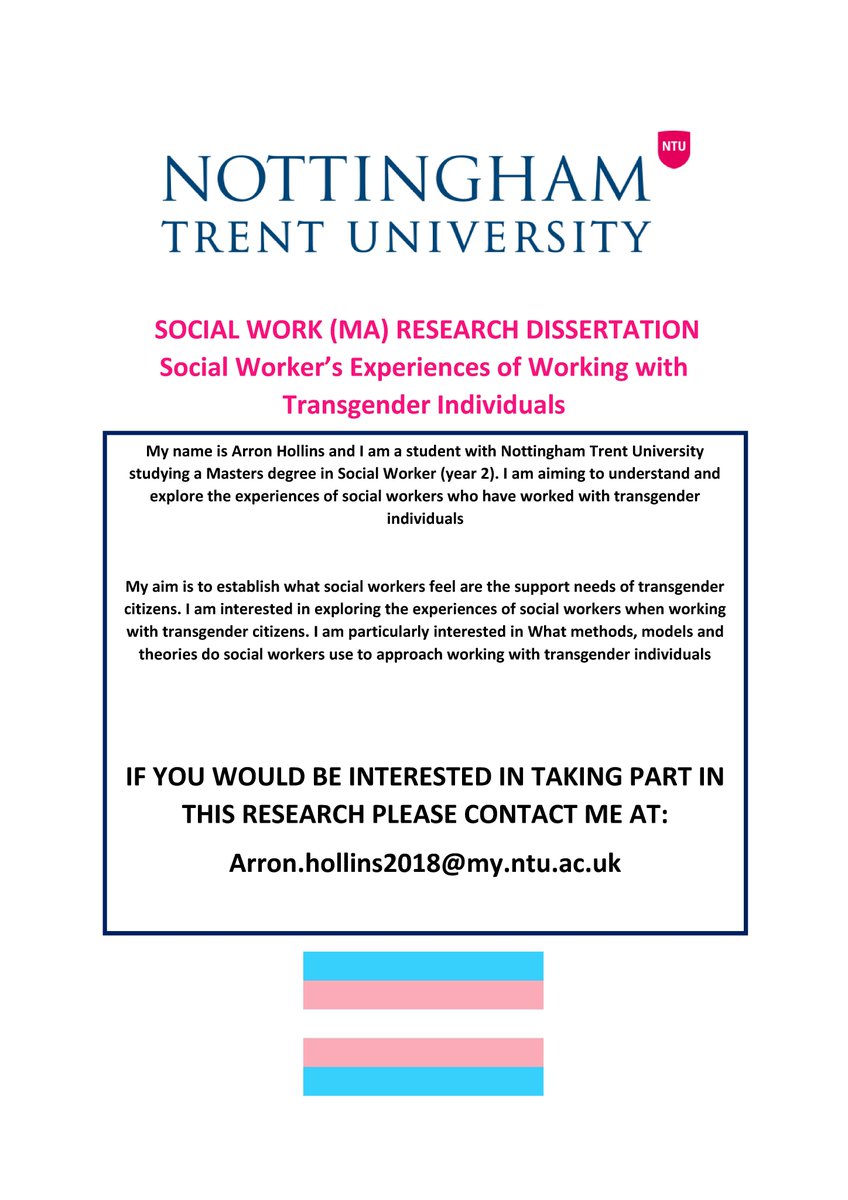 ArronHollins's tweet photo. Are you a social worker who has supported a transgender individual? If so, I'd love to speak to you about your experience as part of my research dissertation. If you'd be interested please see the details in the poster.
#SocialWork #SocialWorkResearch #LGBTQ #SocialWorkUK https://t.co/b9cnpvtW9t
