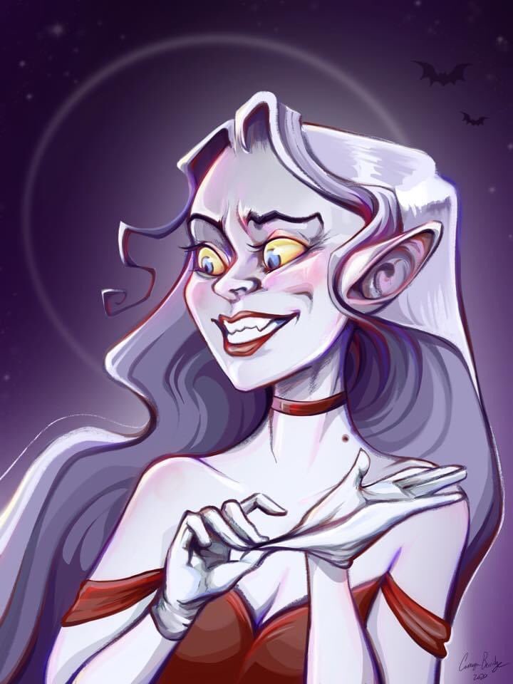 Works_by_Cam's tweet photo. Vampire’s night out. 

This one was fun cause I used my face as a reference for the expression, you should try it if you like making goofy faces. 

#art #ArtistOnTwitter #vampire #procreate #monster #choker #illustration https://t.co/wyWsjx2dl0