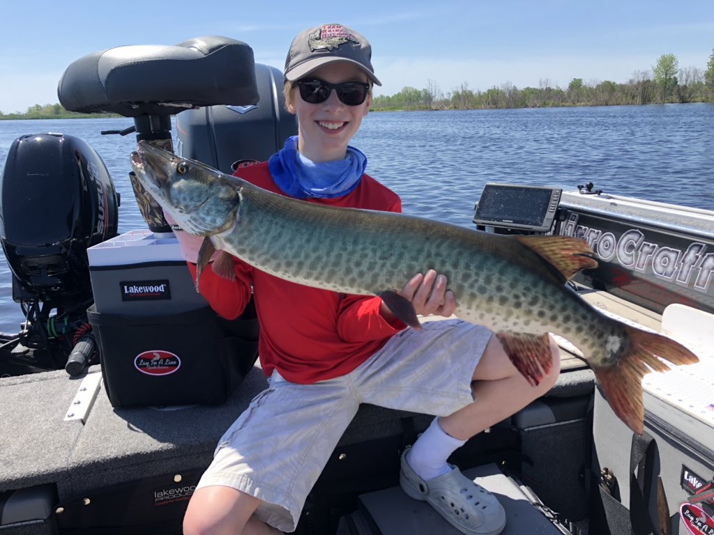 GBMusky's tweet photo. @CaptMarciano My son kicking off the 2020 musky season, from late May. #CatchAndRelease #GB_Esox #Musky #Muskie #Wisconsin #GreenBay https://t.co/nRFlSaQ9CK