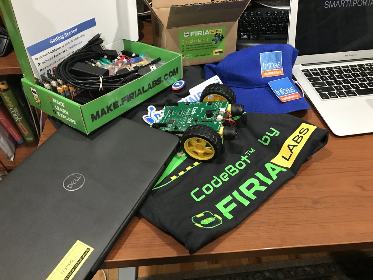 SubaSmarti's tweet photo. Getting ready for Infosys USA Foundation Summer 2020 Institute @Infypathfinders @FiriaLabs @DonorsChoose. micro:bit + python + chromebook + robot, what else you need? @CSforALL. Checkout:https://t.co/tFzfEEr5EQ https://t.co/TJYHdnNKuJ