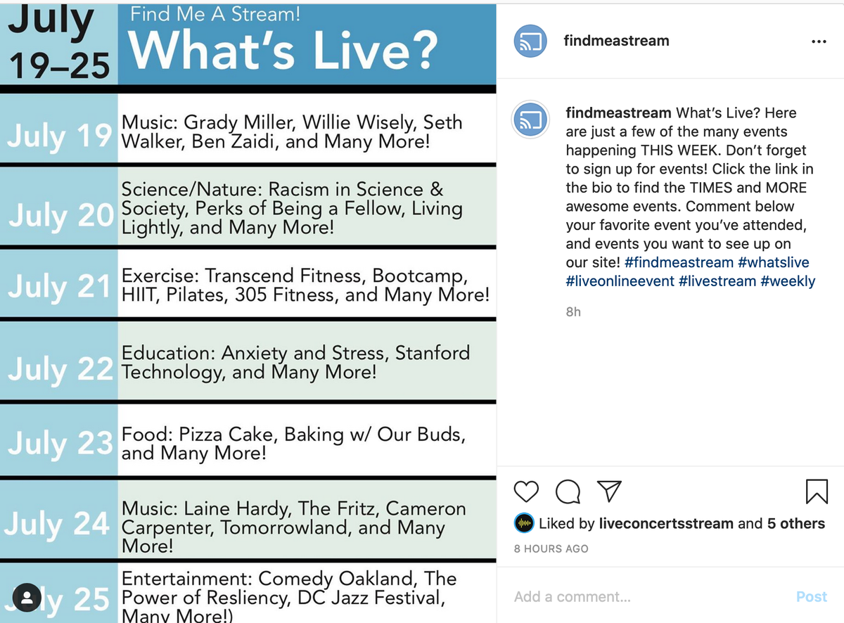 What's #Live July 19-25 
@305fitness
<a href="/yaymaker/">Yaymaker</a>
<a href="/Stanford/">Stanford University</a> 
<a href="/ECorner/">Stanford eCorner</a> 
<a href="/WillieWisely/">Willie Wisely</a>
@SethAWalker1
<a href="/benjaminzaidi/">Ben Zaidi</a>
<a href="/TheLaineHardy/">Laine Hardy</a>
<a href="/CC59/">Cameron Carpenter</a>
<a href="/tomorrowland/">Tomorrowland</a>

Follow #LiveStreams #painting #art #science #food #events #livemusic #nature #business #exercise #education <a href="/findmeastream/">Find Me A Stream!</a>