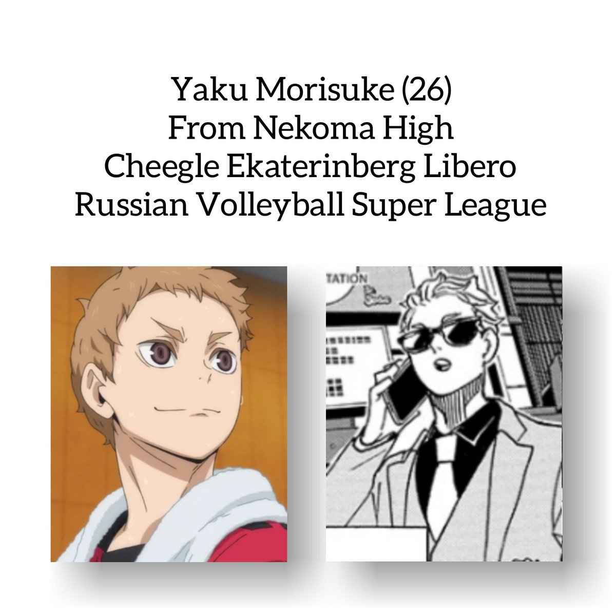 Kuroo Tetsurou
Yaku Morisuke
Nobuyuki Kai
Taketora Yamamoto
I just followed the manga, tho, by now Kuroo should be approximately 27 years old