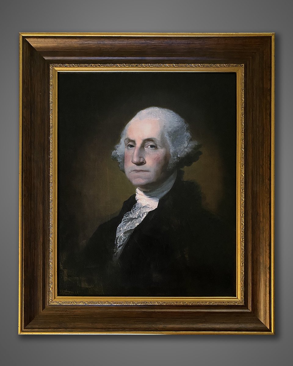 The paint finally dried, so I re-stretched the canvas and framed it. This is my painting of George Washington. 11”x14” #painting #georgewashington #aftergilbertstuart #sketching #drawing #art #artwork #firstpresident #officialportrait #president #uspresident #joyofpainting