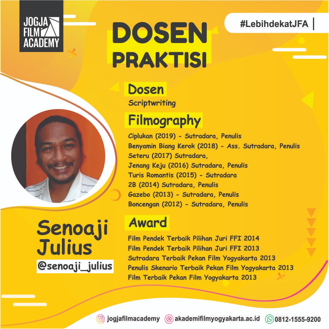 jogjafilmac's tweet photo. 🙌Halo Hai Calon Sineas Muda Berbakat! 🙌 
Selanjutnya kenalan yuk dengan salah satu dosen praktisi favoritnya mahasiswa JFA. Kita sambut dengan jempol yang meriah @senajisena . Beliau adalah dosen mata kuliah Scriptwriting

Bersambung ke profil dosen praktisi selanjutnya... https://t.co/eJfBdfNeXc