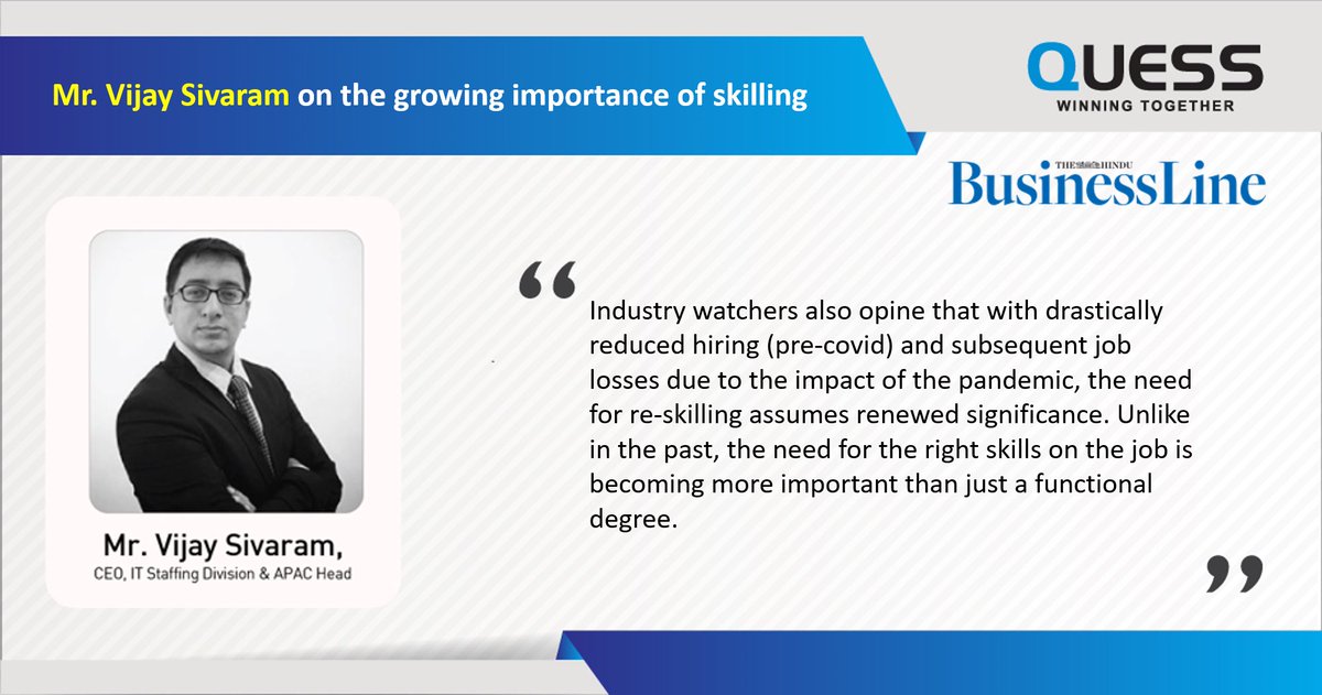 QuessITStaffing's tweet photo. Mr. Vijay Sivaram, in this Hindu Business Line article, discusses the growing importance of skilling and the evolving scenario.
Read more at https://t.co/qvcdapvUin
#WinningTogether #Quess #QuessITStaffing #WinningIT https://t.co/kfb9HqRZq6