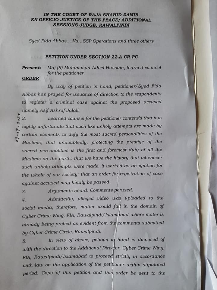 Raja Shahid Zamir, Additional District & Sessions Judge Rawalpindi, asks  @cybercrimefia to register blasphemy case against  #Barelvi cleric Ashraf Jalali under Section 295-C (that mandates death penalty).  #Shia activist Fida Abbas had petitioned the court. https://sadaesach.com/?p=27621 