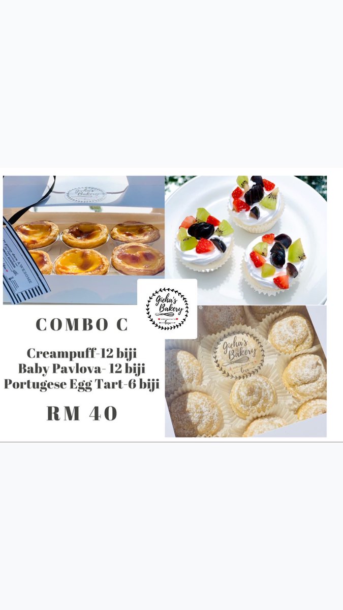GiehaBakery's tweet photo. Hi semua🤗 Gieha’s Bakery ade buat PROMO COMBO khas buat orang Kuala Kangsar sempena Hari Raya Haji✨
.
Whatsapp no 017-5161105 untuk membuat tempahan. #bakery #codkualakangsar #codpadangrengas #creampuff #pavlova #portugeseeggtart https://t.co/M9YtaOnB4o