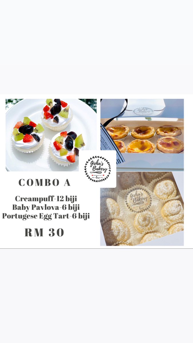 GiehaBakery's tweet photo. Hi semua🤗 Gieha’s Bakery ade buat PROMO COMBO khas buat orang Kuala Kangsar sempena Hari Raya Haji✨
.
Whatsapp no 017-5161105 untuk membuat tempahan. #bakery #codkualakangsar #codpadangrengas #creampuff #pavlova #portugeseeggtart https://t.co/M9YtaOnB4o