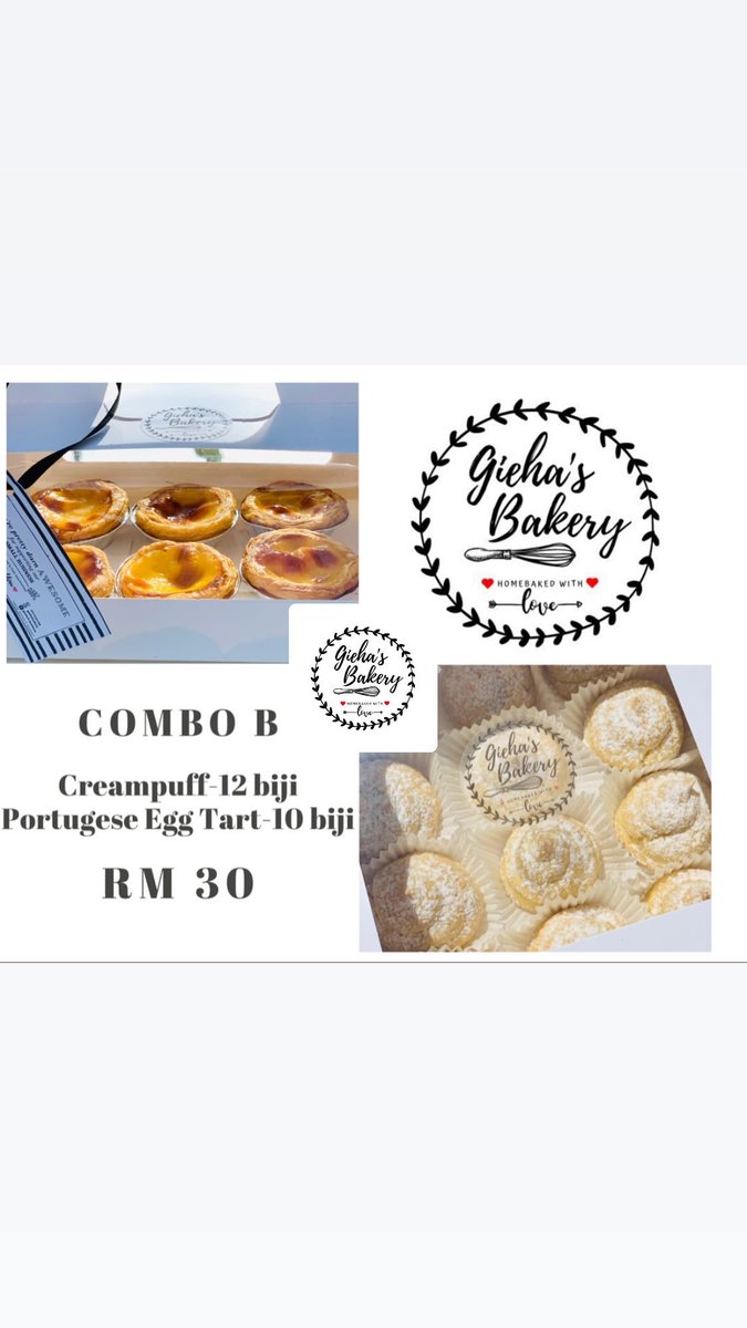 GiehaBakery's tweet photo. Hi semua🤗 Gieha’s Bakery ade buat PROMO COMBO khas buat orang Kuala Kangsar sempena Hari Raya Haji✨
.
Whatsapp no 017-5161105 untuk membuat tempahan. #bakery #codkualakangsar #codpadangrengas #creampuff #pavlova #portugeseeggtart https://t.co/M9YtaOnB4o