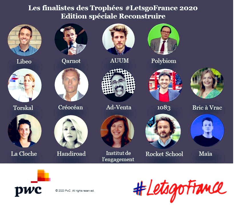 🏆la finale des  Trophées #LetsgoFrance 2020 c’est ce jour  20, 21 et 22 juillet. Bonne chance 🍀aux 14 finalistes qui pitchent pour #Reconstruire  et imaginer le monde de demain. Fière de participer à ce Jury <a href="/LetsgoFrance/">#LetsgoFrance</a> !  Résultats le 23/07 #Relance #rebond avec <a href="/PwC_France/">PwC France</a>