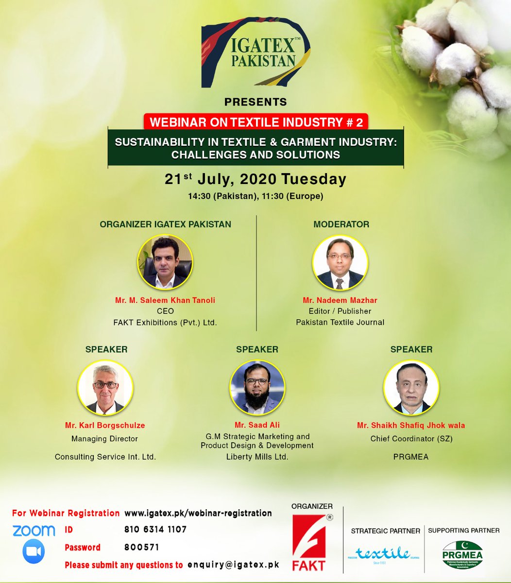 PRGMEA supported IGATEX PAKISTAN Zoom Webinar on Textile Industry # 2 on "Sustainability in Textile &amp; Garment Industry: Challenges and Solutions"; on 21st July, 2020 (Tuesday) at 14:30 (Pakistan), 11:30 (Europe), 17:30 (China, Taiwan)