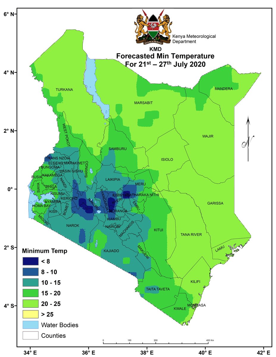 MeteoKenya's tweet photo. Remember to cover yourself with warm cloths and avoid cold weather
 🧥☁️🌬️

Forecasted Min Temperature 
For 21st-27th July 2020

🌡️Low Daily-mean temperatures below 15˚C is expected over most parts of  Kirinyaga, Tharaka Nithi, Meru, Nyeri, Nyandarua, Murang’a, Laikipia, Samburu https://t.co/fPZWxPBMBc