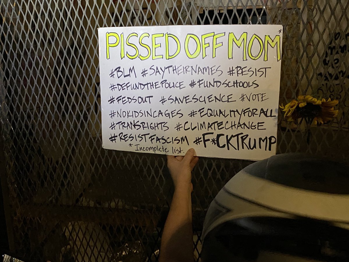 deborahebloom's tweet photo. The #wallofmoms is at the frontline and they’ve put sunflowers through the fence. SUNFLOWERS, y’all. They’re fearlessly wielding flowers. #PortlandProtest https://t.co/CUXjpZd8Fv