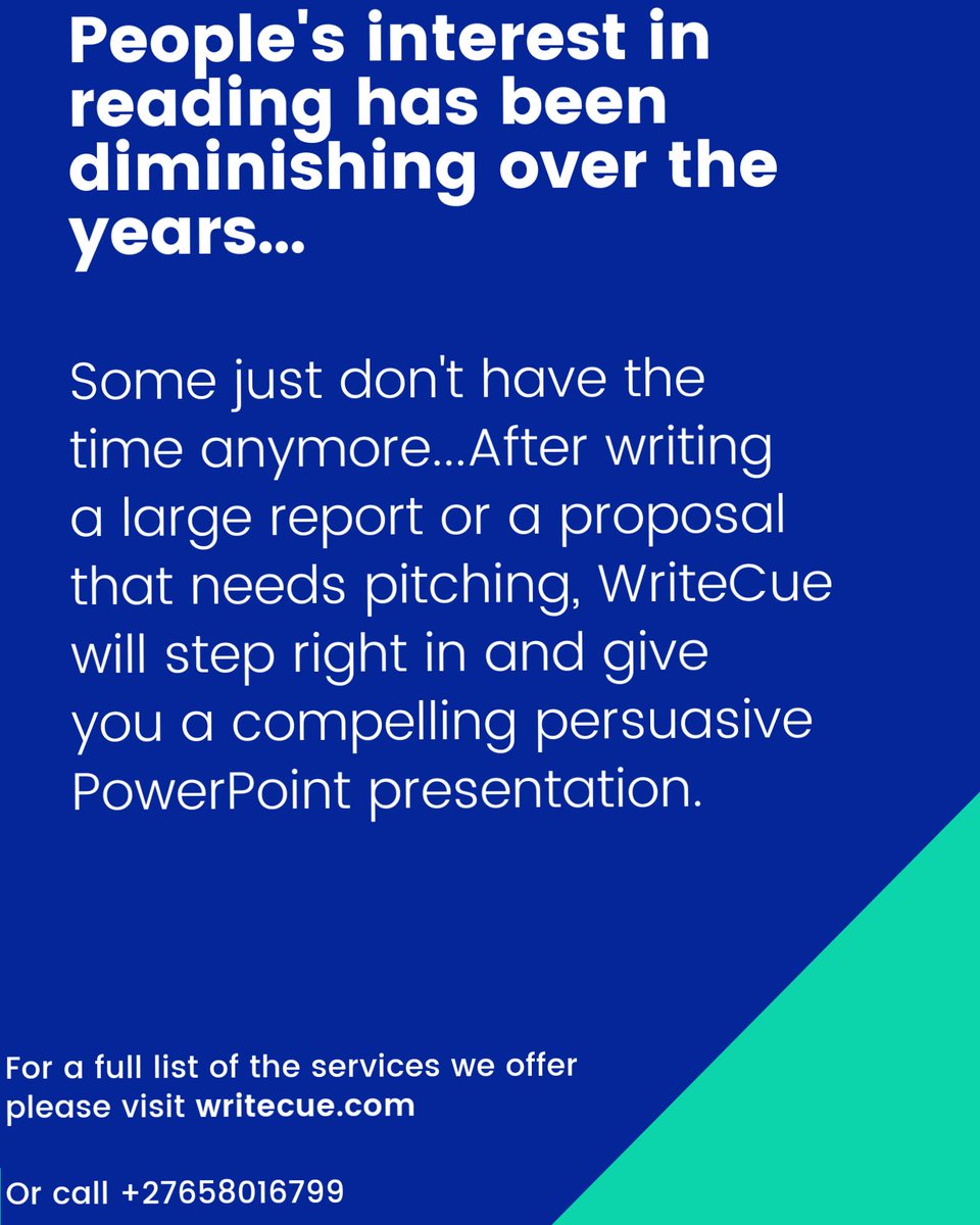 Writecue1's tweet photo. For a power-packed presentation, contact us today!
Email: info@writecue.com
Phone : +27658016799 https://t.co/drhidPkExP