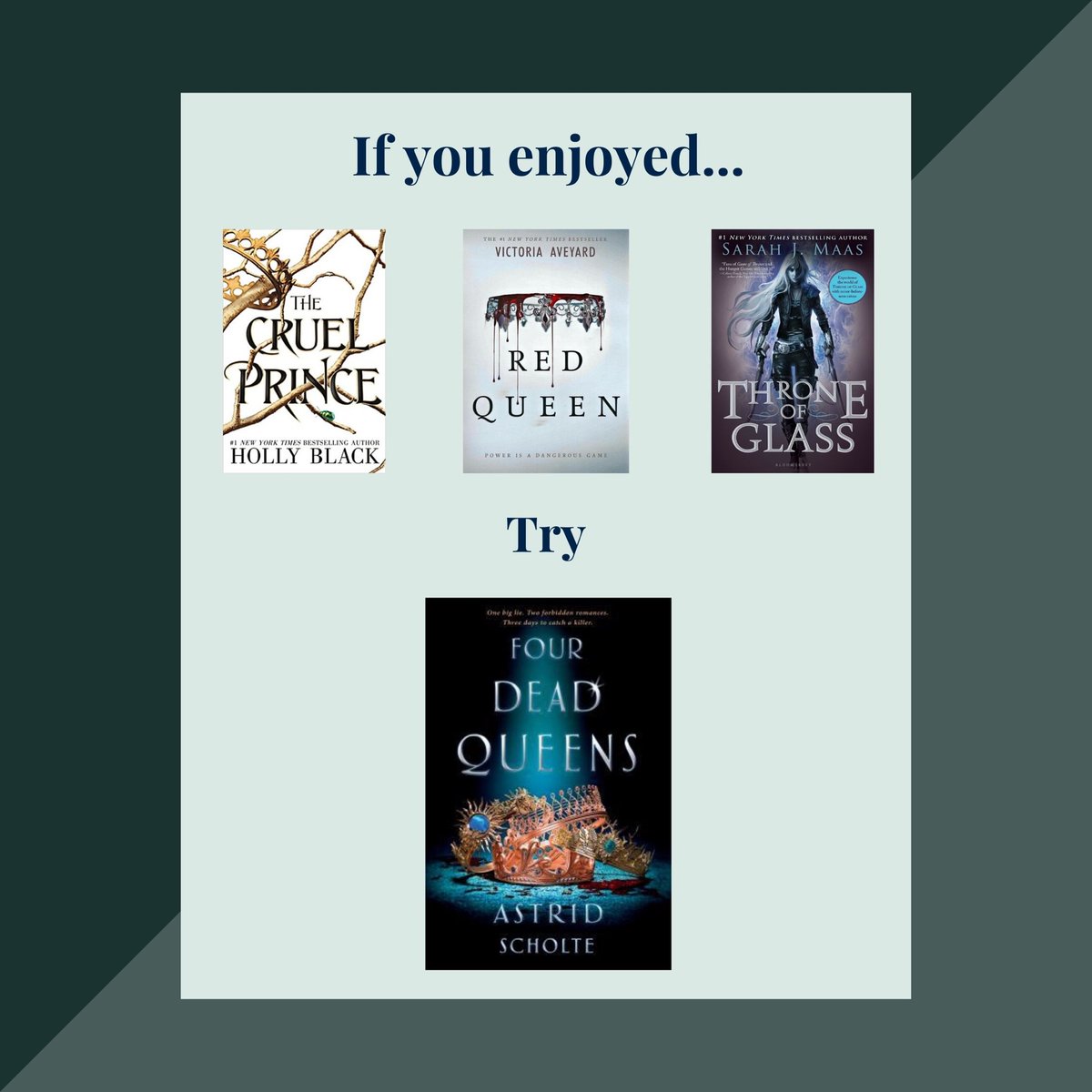 MGGS_Library's tweet photo. Starting the week with a book recommendation: @astridscholte @victoriaaveyard @blackholly @therealsjmaas #bookrecommendations #fourdeadqueens #thecruelprince #redqueenseries #throneofglassseries https://t.co/Sv5qRrWVps