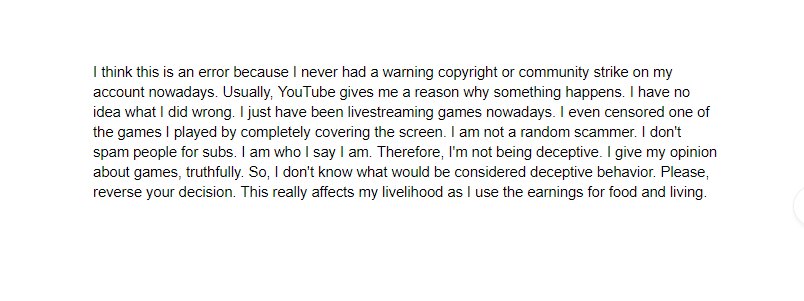 R3DGaming's tweet photo. Day 4 of my channel being falsely suspended by @YouTube! I decided to send another form today. Less grammar mistakes this time. @TeamYouTube @_YouTubeStaff @YouTubeGaming @ytcreators @TheQuartering @JohnScarce @ThatOGTipster #FreeR3D #YouTube #suspended #banned #YouTuber https://t.co/j2cfrNP2vB