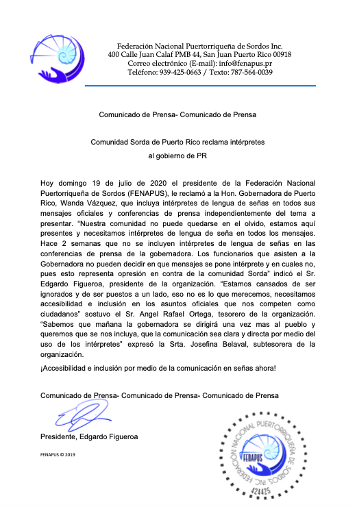 FENAPUS's tweet photo. Comunicado PRENSA !!! 
La Comunidad Sorda de Puerto Rico RECLAMA interpretes al gobiernos de Puerto Rico  @VoceroPR @primerahora @WapaTV @UnivisionPR @TelemundoPR @TelenoticiasPR @edigitalpr @Justicia_PR @ElNuevoDia @radioislatv @WIPRTV @JugandoPelotaPR @jayfonsecapr @jayrayosx https://t.co/r6bxVf4Agd