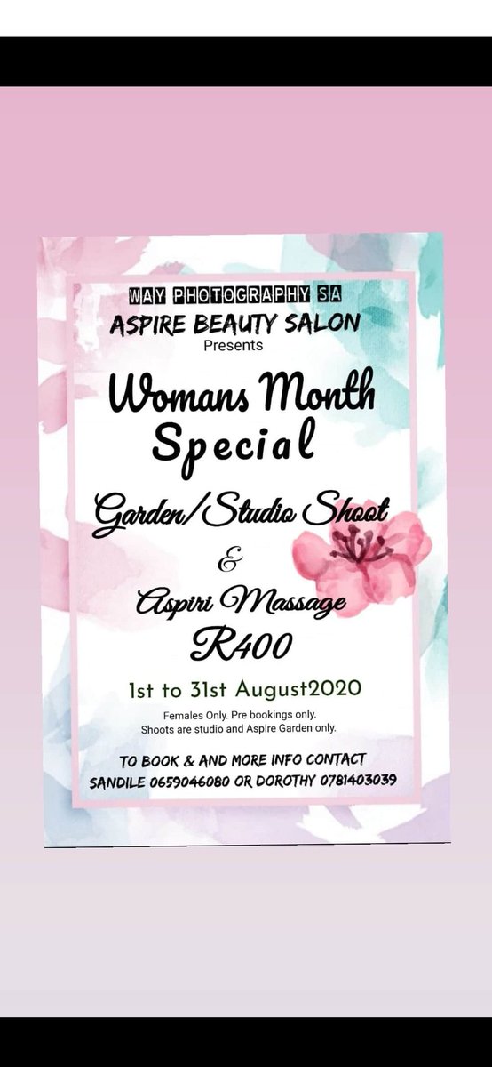 WayPhotography's tweet photo. #spoilsomeone @DjAnkletapFans @DJAnkletap @YMorningFans @Yfm @TheRealJess_B @kandiskardash spoil that special female in your life this August...
Call or whatsapp 0659046080 to book now... https://t.co/NXfDwznp8B