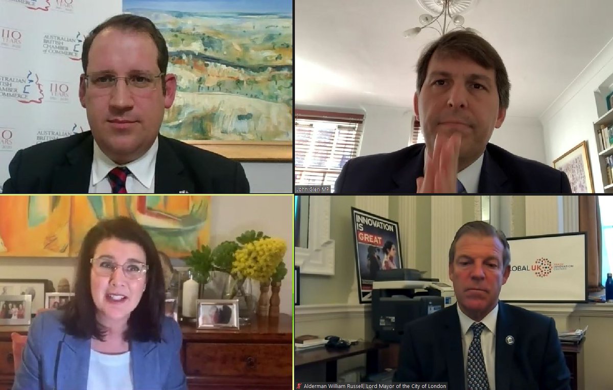 BritishChamber's tweet photo. 'A UK-AU FTA is a golden opportunity and very exciting indeed' @SenatorHume on the Future of #FinancialServices between 🇬🇧🌏🇦🇺 on our webinar this eve. #UK_AUFTA #FutureofFinancialServices #GREATforPartnership @citylordmayor @JohnGlenUK https://t.co/ffAhivBRWI