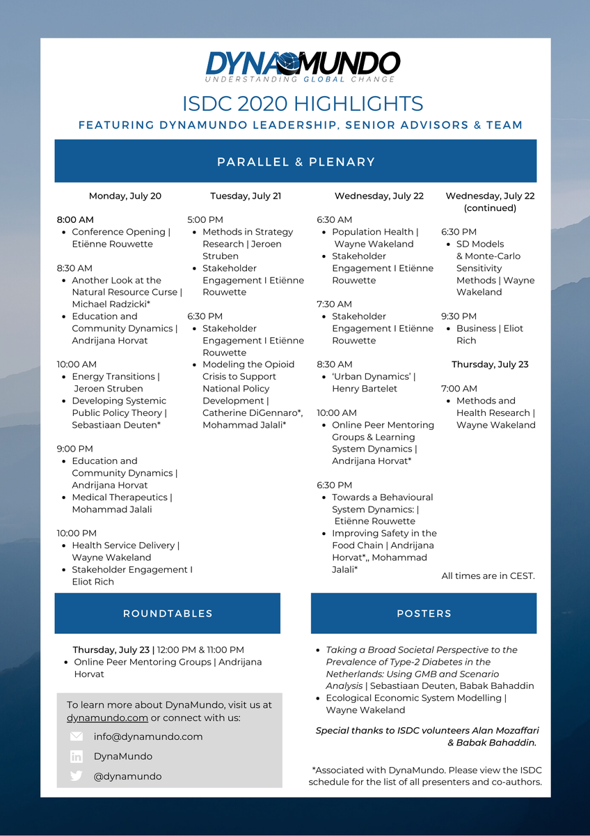 DynaMundo's tweet photo. Check out the @S_D_Society #ISDC20 highlights featuring the DynaMundo leadership team, senior advisors, and team at the conference!
Click to view the sessions, roundtables, and posters. #SystemDynamics https://t.co/2biGJqkVsp