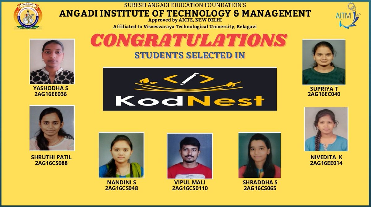 aitm_official's tweet photo. #AITM_PLACEMENT
The Management and Staff of Angadi Institute of Technology and Management, Belagavi Congratulate our final year BE students for getting selected in #KODNEST CSR RECRUITMENT DRIVE.
Congratulations to all ... 💐💐💐 https://t.co/EHukO9v9d2
