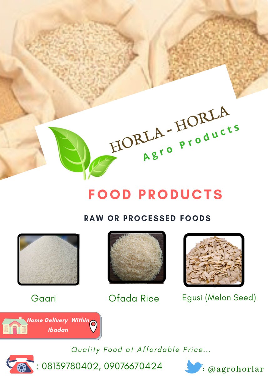 AgroHorlar's tweet photo. We can save you the stress and deliver at your doorstep.
@AgroHorlar is ready for you.
Order for your #Stoneless, #quality and #affordable
#ofadarice
#Gaari
#Melonseed (Egusi)
📞 the lady farmer on 08139780402 to order yours👍.
@WinnersElebu
@the_busolami
@AGRAAlliance
@FmardNg https://t.co/FdXASNVSXA
