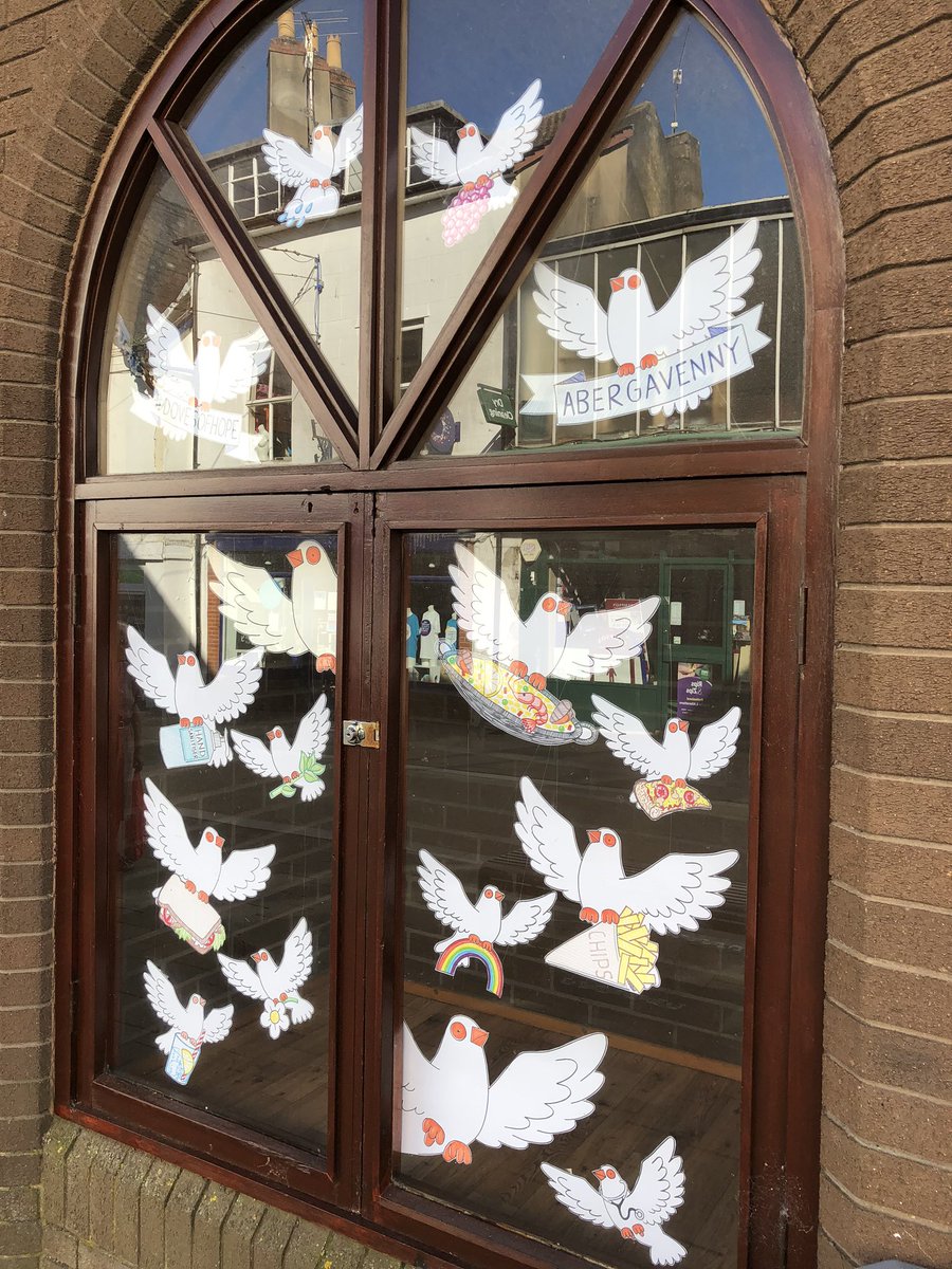 DovesofH's tweet photo. The new Abergavenny Red Square Doves of Hope display windows... if you are out shopping have a look... I’ve re-drawn some of my fav doves that are already flying around the town #dovesofhope #sharethehope #hope #communitytogether #shoplocal #local #abergavenny https://t.co/mVlJmroSwa