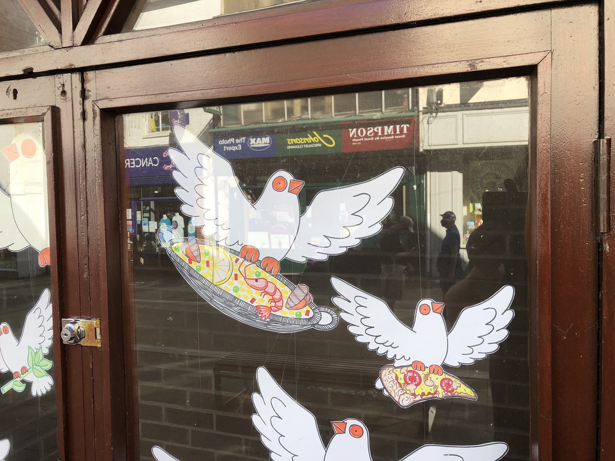 DovesofH's tweet photo. The new Abergavenny Red Square Doves of Hope display windows... if you are out shopping have a look... I’ve re-drawn some of my fav doves that are already flying around the town #dovesofhope #sharethehope #hope #communitytogether #shoplocal #local #abergavenny https://t.co/mVlJmroSwa