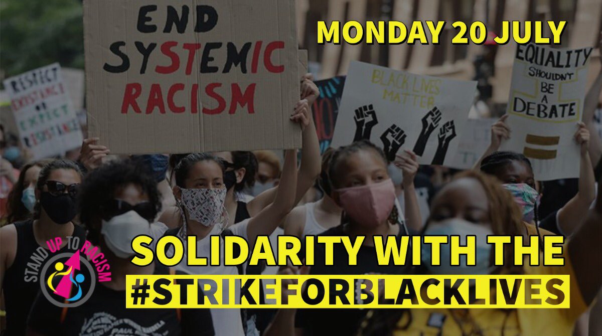 AntiRacismDay's tweet photo. #Solidarity with #StrikeForBlackLives  today in the US &amp; those in Britain showing support - including @bfawu1 members at Suma Whole Foods who are walking out! Take the #BlackLivesMatter movement into every workplace. Show your solidarity https://t.co/aYkBeNE1VI https://t.co/psX06r41g1