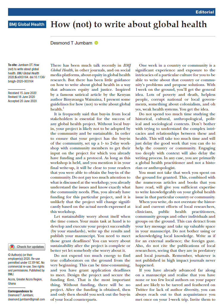 seyeabimbola's tweet photo. New editorial in @GlobalHealthBMJ by Desmond T Jumbam - "How (not) to write about global health".

Inspired by the brilliant, resonant piece, "How to write about Africa" by Binyavanga Wainaina.

Enjoy.

https://t.co/iOPKdsAaM2 https://t.co/qWQ1ioT2Mp
