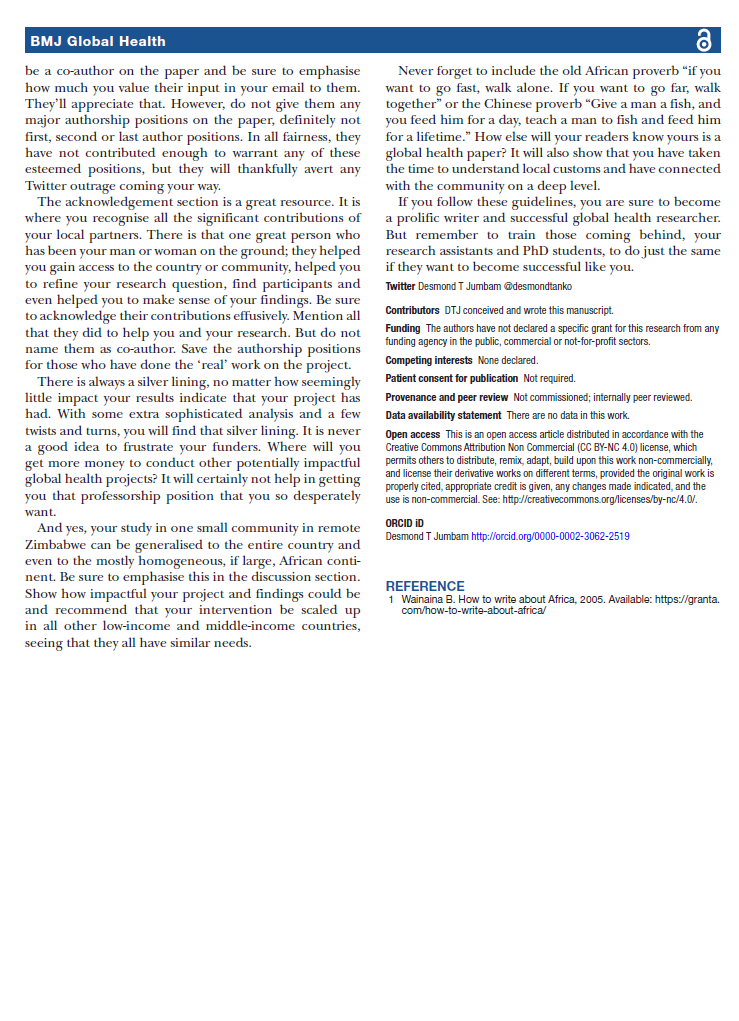 Ṣẹ̀yẹ Abímbọ́lá (@seyeabimbola) on Twitter photo New editorial in <a href="/GlobalHealthBMJ/">BMJ Global Health</a> by Desmond T Jumbam - "How (not) to write about global health".
Inspired by the brilliant, resonant piece, "How to write about Africa" by Binyavanga Wainaina.
Enjoy.
gh.bmj.com/content/5/7/e0… New editorial in <a href="/GlobalHealthBMJ/">BMJ Global Health</a> by Desmond T Jumbam - "How (not) to write about global health".
Inspired by the brilliant, resonant piece, "How to write about Africa" by Binyavanga Wainaina.
Enjoy.
gh.bmj.com/content/5/7/e0…