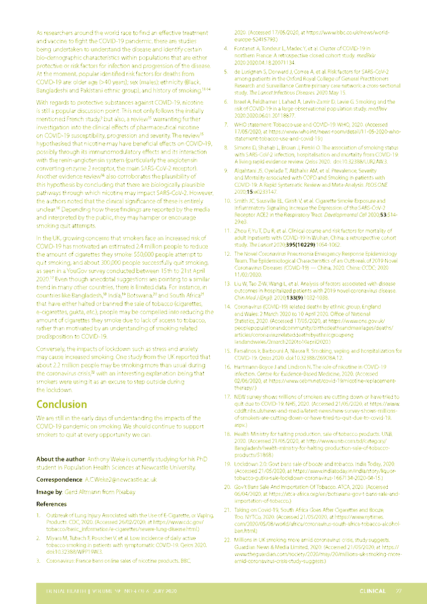 DrRichHolliday's tweet photo. 'Smoking cessation: An update on the Impact of COVID-19' Excellent work by @WekeAnthony for @BSDHTUK 's scientific journal, Dental Health. Useful update for the dental team. #nuphsi @FMSgradschool @NewcastleSDS @StudentsNCL @PhDProf1 https://t.co/MfXbFmcNXY