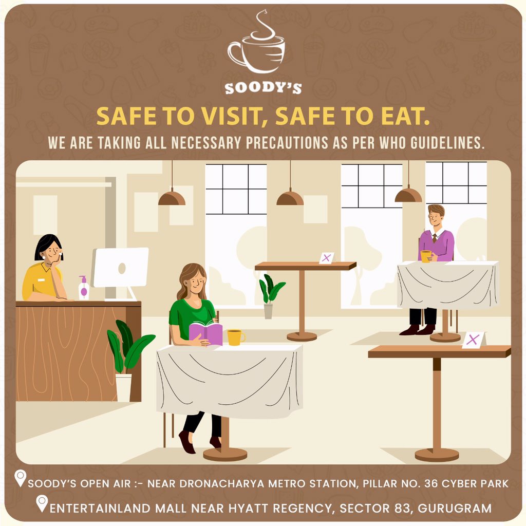 SoodysOfficial's tweet photo. We were always known for our safely healthy and hygiene apart from our taste ! ☕️ 
But since the need of the hour demands more we are all set to meet every standards and guide lines of WHO ! Your safety is embryonic in our DNA ! 🙏🏻
#nowopen #gurgaon #gurugram #openforbusiness https://t.co/IagVMZbZ80