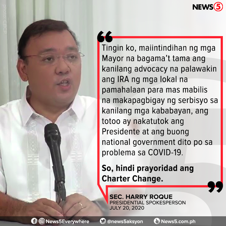 News5PH's tweet photo. Nilinaw ni Presidential Spokesperson Harry na hindi prayoridad ng Duterte administration ang Charter Change sa gitna ng COVID-19 pandemic. https://t.co/lBTmeOGqwK