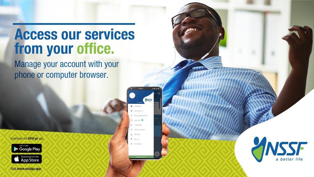 nssfug's tweet photo. You don’t have to leave your office to access services from our branches anymore. Now, you can conveniently manage your account at work with the NSSFGO App.

Visit https://t.co/LnTfg2Hiww or download the App from Google Play or App Store.

#NSSFGOApp https://t.co/Ki8TFCZsi6