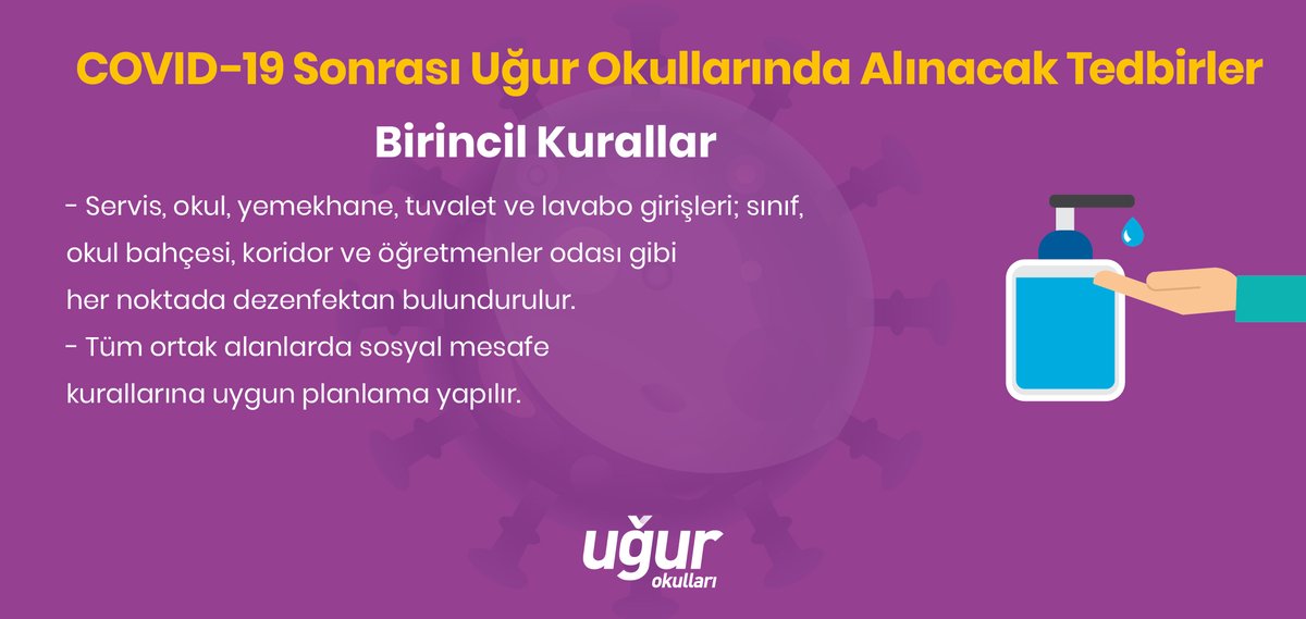 UgurOkullari's tweet photo. COVID-19 sonrası Uğur Okullarında alınacak tedbirler kapsamında tüm öğrenci, öğretmen ve çalışanların servise binerken ateşi ölçülecek; maske kullanımı zorunlu olacak ve tüm ortak alanlarda sosyal mesafe kuralına uygun planlama yapılacak.

#UğurluOlmak https://t.co/wWFeUJ97Yo